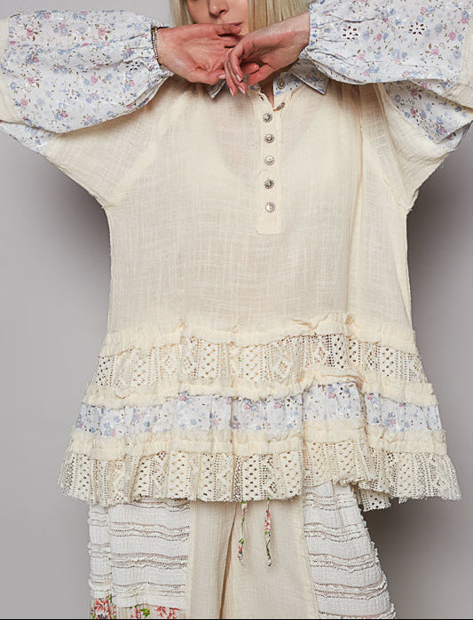 Boho Cream & Blue Top Patchwork