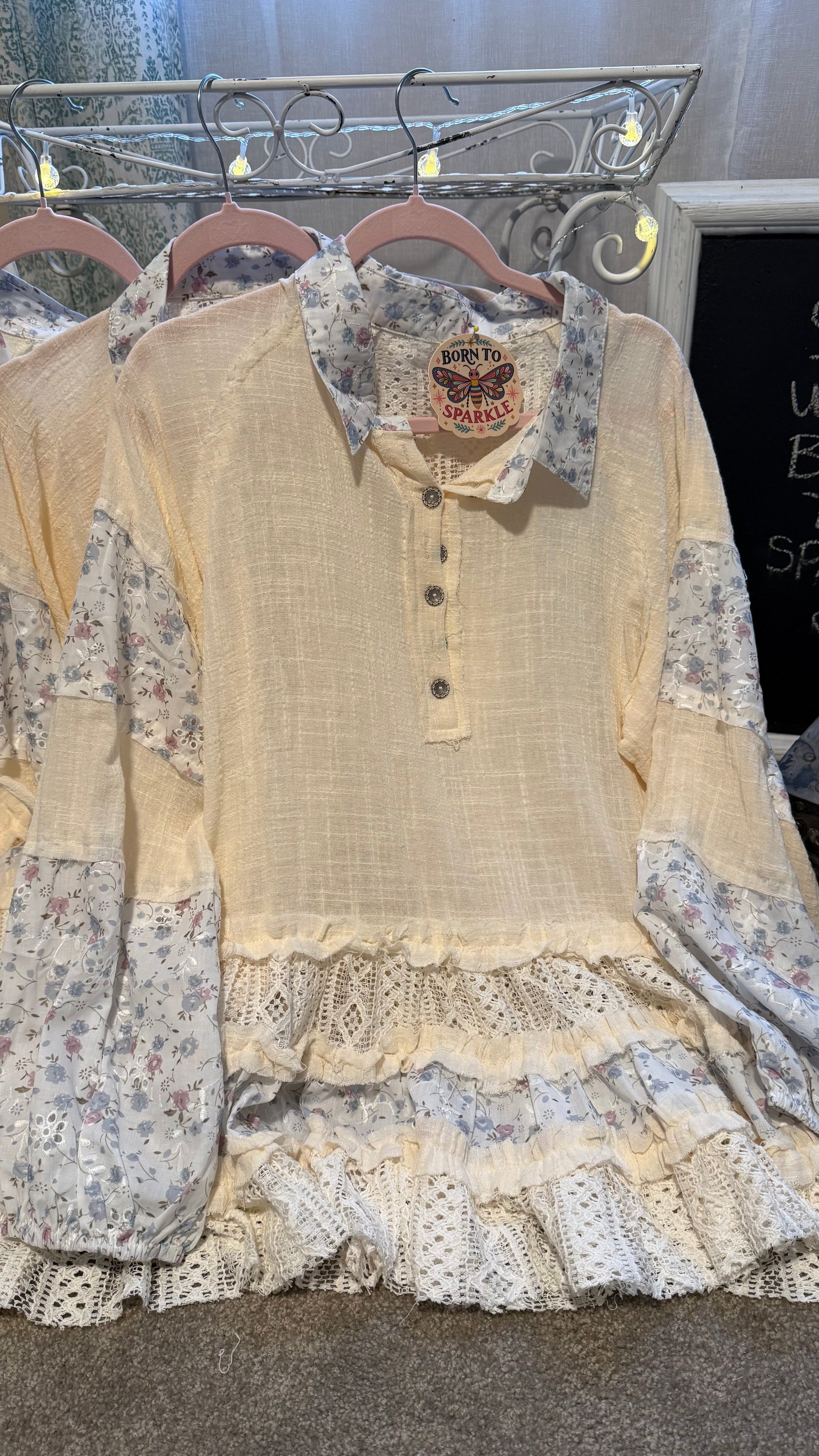 Boho Cream & Blue Top Patchwork