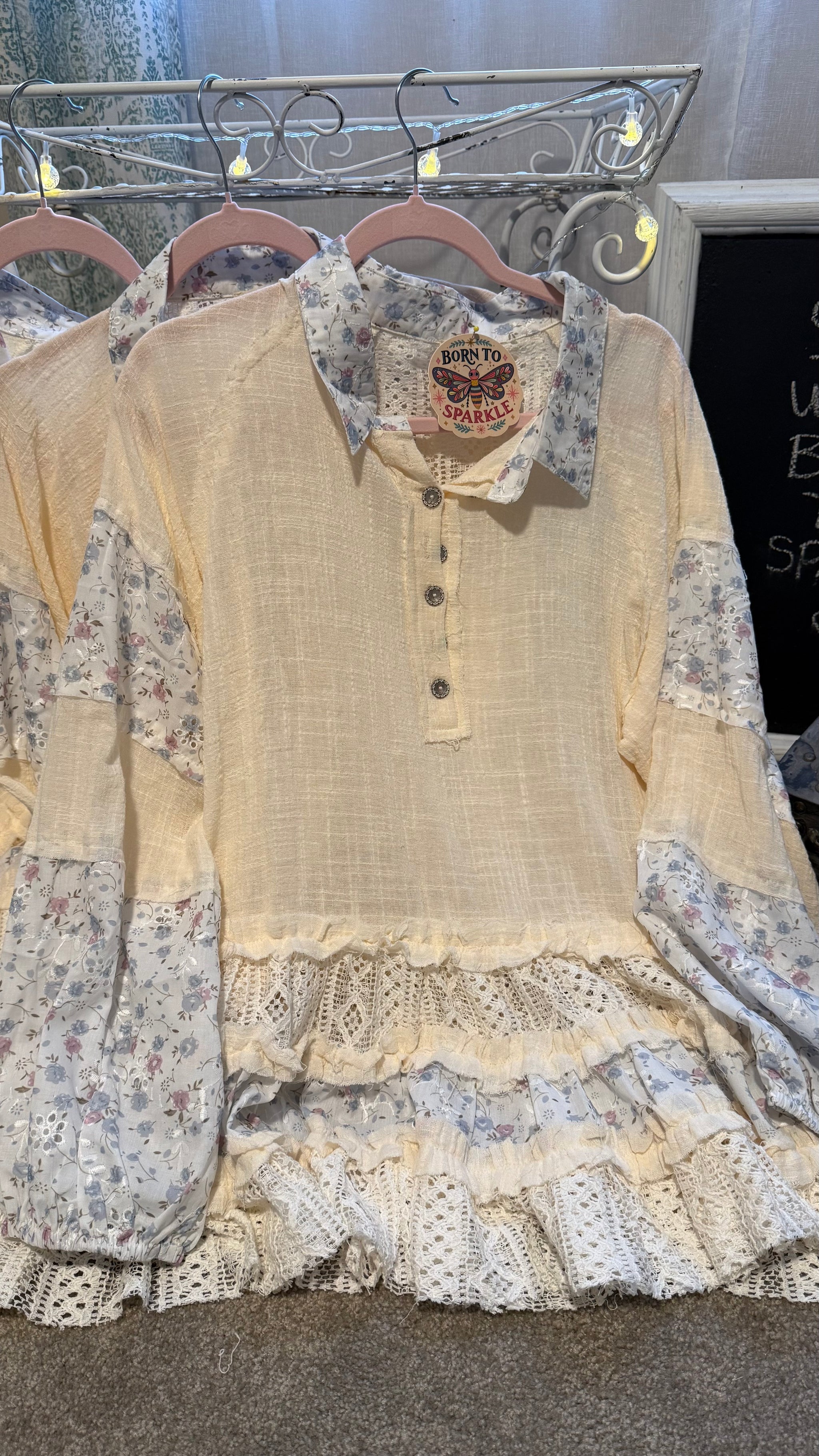 Boho Cream & Blue Top Patchwork